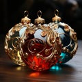 red, yellow, and teal christmas baubles with intricate gold inlay, Christmas holiday ornaments
