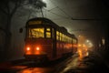 a red and yellow trolley on a foggy street at night