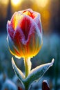 Red and yellow tulip with frost on it's petals in the sun. Generative AI Royalty Free Stock Photo