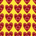 Red and yellow Valentines Day seamless pattern with magical hearts. Royalty Free Stock Photo