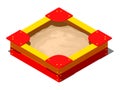Red and yellow wooden children`s sandbox with bows, seats on the corners and a pile of sand for games, isometric view