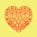 Red zentangle hand drawn decorative heart with paradox tangle on yellow background.