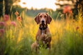 Redbone coonhound dog sitting in meadow field surrounded by vibrant wildflowers and grass on sunny day ai generated