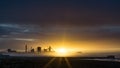 Redcar beach at sunset. Industrial background.