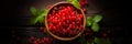 Redcurrant banner. Bowl full of redcurrant. Close-up food photography background