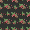 Redcurrant. Berry pattern. Vector currant berries. Twig redcurrant with leaf. Gray background