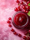 Redcurrant jam in a jar with fresh redcurrants around it. Royalty Free Stock Photo