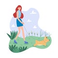 Reddish girl in blue clothes walks outside with her sweet dog. Light and gentle color gamma. Completed flat vector illustration