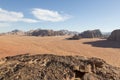 Reddish sand and rock landscapes in the desert of Wadi Rum