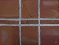 Reddish texture of squared blocks and concrete outside a building.