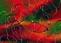 Red with green bright gradient background is covered with intersecting curved ovals in dark iridescent tones