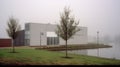 Redesigned barn made into a garage an lving quarters foggy day