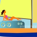 Redhair girl is sunbathing on the yacht