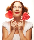 Redhair woman with big heart caramel Royalty Free Stock Photo