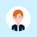 Redhair woman face happy lady portrait on blue background, female avatar flat