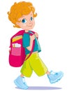 The redhaired curly-haired schoolboy fun walks goes to school