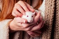 Redhaired ginger woman in warm sheep`s wool coat and little girl wear knitted scarf holding white rat with red eyes in Royalty Free Stock Photo