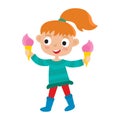 Redhaired girl with two ice creams. Vector illustration