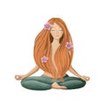 Redhaired lady meditation, watercolor style illustration, health clipart