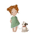 redhaired little girl with dog, watercolor illustration