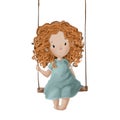 redhaired little girl on swing, watercolor illustration