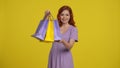 A redhaired woman extends her hand with shopping bags, offering you a gift. Woman in the studio on a yellow background