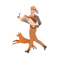 Redhead Bearded Woodman or Lumberman in Checkered Shirt and Sling Pants Carrying Wood Walking with His Dog Vector
