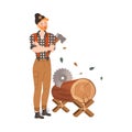 Redhead Bearded Woodman or Lumberman in Checkered Shirt and Sling Pants Chopping with Ax and Sawing Log Vector