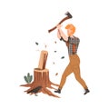 Redhead Bearded Woodman or Lumberman in Checkered Shirt and Sling Pants Chopping Wood with Ax on Tree Stump Vector