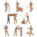 Redhead Bearded Woodman or Lumberman in Checkered Shirt and Sling Pants with Felling Ax Chopping and Sawing Wood Vector