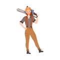 Redhead Bearded Woodman or Lumberman in Checkered Shirt and Sling Pants Standing with Chain Saw Vector Illustration