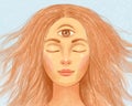 Beautiful girl with a third eye. Meditation, enlightenment, awareness, buddhism, yoga Royalty Free Stock Photo