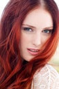 Redhead, beauty closeup and woman portrait outdoor with ginger hairstyle and treatment. Hair care, female person youth Royalty Free Stock Photo