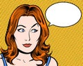 Redhead beauty comic pop art looking sideways with speech bubble and orange background Royalty Free Stock Photo