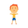 Redhead boy doing sport exercise, kids physical activity cartoon vector Illustration