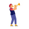 Redhead boy playing trumpet, isolated on white background. Young kid learning how to play pipe, vector illustration. Royalty Free Stock Photo