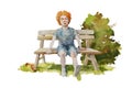 Redhead boy sit on the bench in the garden and daydreaming. Preschool child in the jeans jumpsuite and striped tshirt