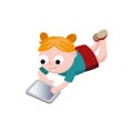 Redhead cartoon little girl lying on the floor and playing using tablet colorful character vector Illustration
