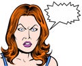 Redhead comic pop art character angry with shouting bubble and white background