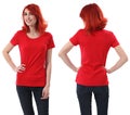 Redhead female with blank red shirt