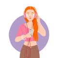 Redhead Female Holding Smartphone Listening to Music with Earphones Vector Illustration