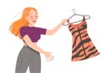 Redhead Freckled Female Holding Trendy Dress on Hanger Beaming with Happiness Vector Illustration