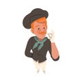 Redhead Freckled Man Chef in Toque Looking Up Watching at Something and Showing Hand Gesture Above View Vector