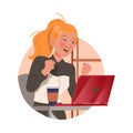 Redhead Freckled Woman Office Worker with Laptop at Workspace Performing Duty Circle Vector Composition