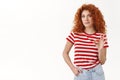 Redhead girl approves check out good choice show okay ok sign smiling pleased hold hand pocket confident pose, fashion