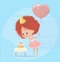 Redhead Girl Blowing out Birthday Cake Candle. Baby Character wearing Pink Dress Celebrate Birth Party. Cute Girl Royalty Free Stock Photo