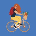 Redhead girl in glasses rides a bicycle with a dog in a basket. Vector illustration Royalty Free Stock Photo