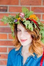 Redhead girl with oak leaves wreath at Germany Unity day Royalty Free Stock Photo