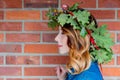 Redhead girl with oak leaves wreath at Germany Unity day Royalty Free Stock Photo