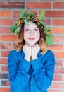 Redhead girl with oak leaves wreath at Germany Unity day Royalty Free Stock Photo